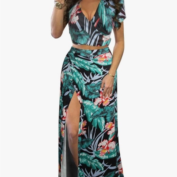 Blue and Orange Wrap Maxi Outfit with Slit - Picture 1 of 5